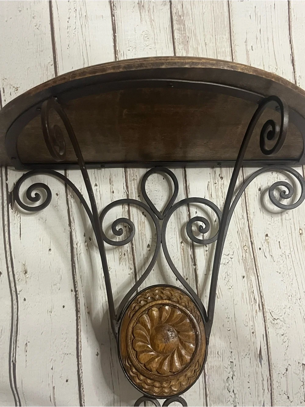 Vtg Half Moon Wood Wall Shelf Scrolled Wrought Iron Ornate Home Decor